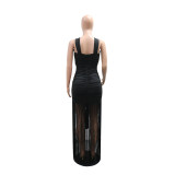 Women Sexy Black Cross Halter Neck Tassel Maxi Dress