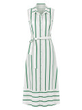 Women Striped Shirt Turndown Collar Sleeveless Tie Holidays Maxi Dress