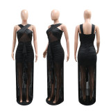Women Sexy Black Cross Halter Neck Tassel Maxi Dress