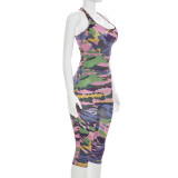 Women Printed Sleeveless Bodysuit and Capri Pants Two-Piece Set