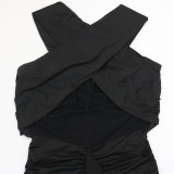 Women Sexy Black Cross Halter Neck Tassel Maxi Dress