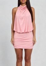 Women Halter Neck Stretch Pleated Backless Sexy Dress