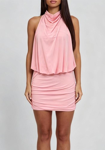Women Halter Neck Stretch Pleated Backless Sexy Dress