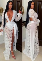 Women sexy mesh lace V Neck slit dress