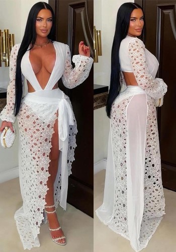 Women sexy mesh lace V Neck slit dress