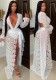 Women sexy mesh lace V Neck slit dress