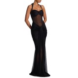 Women French Halter Neck Mesh Sexy Pleated Maxi Dress
