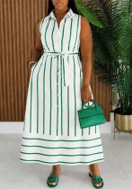 Women Striped Shirt Turndown Collar Sleeveless Tie Holidays Maxi Dress