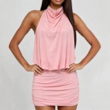 Women Halter Neck Stretch Pleated Backless Sexy Dress