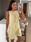 Women Summer Casual Sleeveless Denim Shorts Two-Piece Set