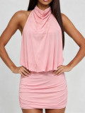 Women Halter Neck Stretch Pleated Backless Sexy Dress