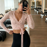 Women summer sexy V-neck lace-up long-sleeved T-shirt top