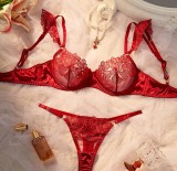 Women Bra Burgunry Embroidered Print See-Through Lingerie