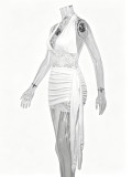 Women Sexy V-Neck Lace Patchwork Halter Neck Tie-Up Elegant Backless Bodycon Dress