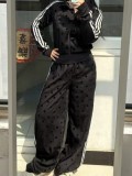 Women Polka Dot Casual Stand Collar Top and Wide-Leg Pants Two-Piece Set