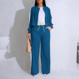 Women Color-Blocked Side Stripe Long-Sleeve Jacket with Drawstring Wide-Leg Two-Piece Pants Set