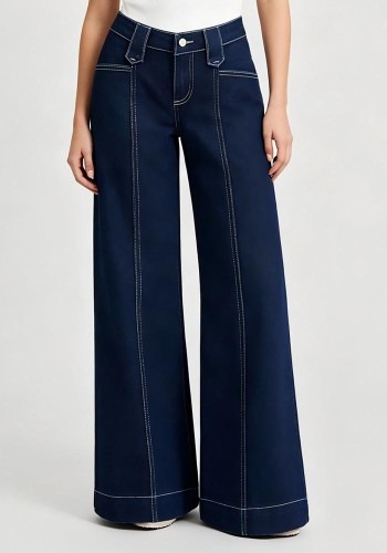 Women High Street Patchwork Straight Wide-Leg Loose Denim Pants