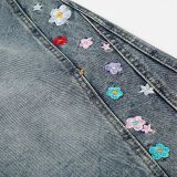 Women Fashion Washed Floral Embroidered Denim Pants