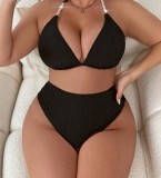Plus Size Women Halter Low Back Solid High-Waist Bikini Two-Piece Set
