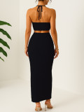 Holidays Women Crinkled Solid Halter Neck Crop Top with Slit Long Skirt Two-Piece Set