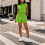 Summer Women Sleeveless Round Neck Drawstring Top with Two-Piece Shorts Set