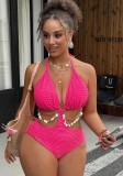 Plus Size Women High-Waist Cut-Out Shell Chain Low Back One-Piece Swimsuit