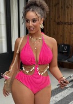 Plus Size Women High-Waist Cut-Out Shell Chain Low Back One-Piece Swimsuit Plus Size Women High-Waist Cut-Out Shell Chain Low Back One-Piece Swimsuit