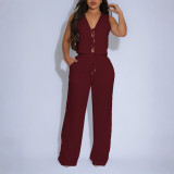 Women Solid Sleeveless V-Neck Tie Front Top with Drawstring Wide-Leg Two-Piece Pants Set