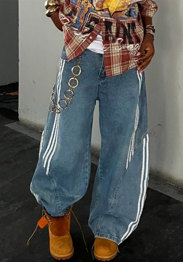 Women Fashion Deconstructed Stripe Patchwork Denim Pants