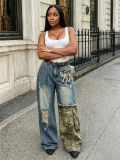 Women Trendy Camouflage Patchwork Ripped Printed Denim Pants