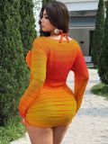 Plus Size Women Two-Piece Bikini Set Gradient Drawstring Dress Cover-Up Four-Piece