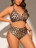 Plus Size Women Two-Piece Set Leopard Print Drawstring Bikini Set