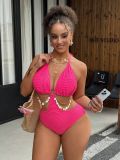 Plus Size Women High-Waist Cut-Out Shell Chain Low Back One-Piece Swimsuit