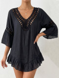 Women Crochet Patchwork Ruffle Three-Quarter Sleeve Irregular Beach Dress Cover-Up