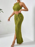 Holidays Women Crinkled Solid Halter Neck Crop Top with Slit Long Skirt Two-Piece Set