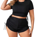 Plus Size Women Drawstring Ribbed Square Leg Two Piece Beach Swimsuit