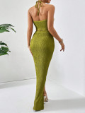 Holidays Women Crinkled Solid Halter Neck Crop Top with Slit Long Skirt Two-Piece Set