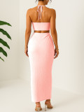 Holidays Women Crinkled Solid Halter Neck Crop Top with Slit Long Skirt Two-Piece Set