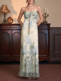 Summer Women Chic Mesh Printed Strapless Lace-Up Low Back Ruffle Edge Long Dress