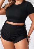 Plus Size Women Drawstring Ribbed Square Leg Two Piece Beach Swimsuit