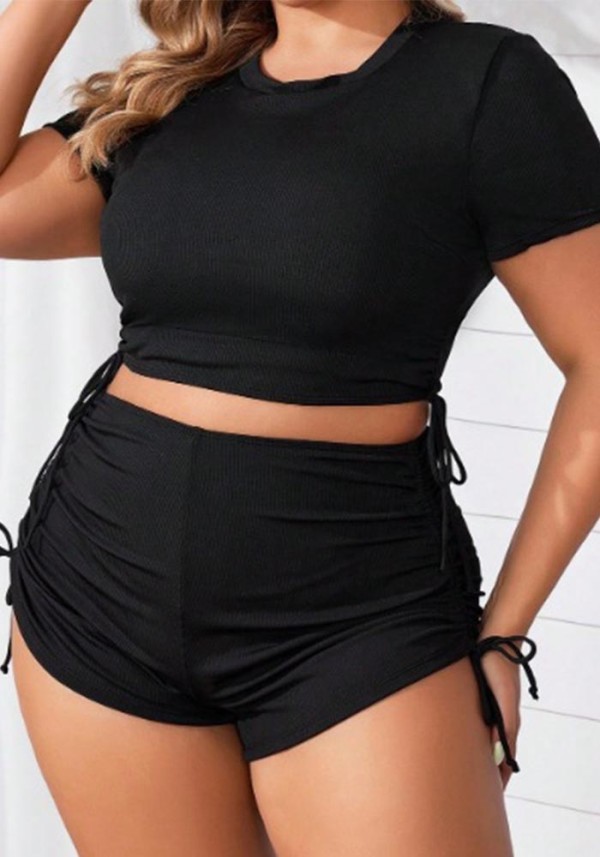 Plus Size Women Drawstring Ribbed Square Leg Two Piece Beach Swimsuit
