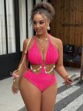 Plus Size Women High-Waist Cut-Out Shell Chain Low Back One-Piece Swimsuit