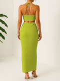 Holidays Women Crinkled Solid Halter Neck Crop Top with Slit Long Skirt Two-Piece Set
