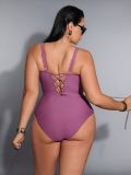 Plus Size Women Waist-Shaping Back Tie Adjustable One-Piece Swimsuit