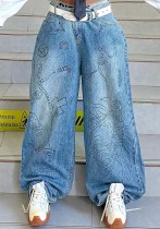 Women Street Fashion Painted Graffiti Washed Denim Pants
