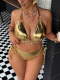 Plus Size Women Shiny Metal Lace-Up Bikini Two-Piece Set