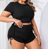 Plus Size Women Drawstring Ribbed Square Leg Two Piece Beach Swimsuit