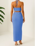 Holidays Women Crinkled Solid Halter Neck Crop Top with Slit Long Skirt Two-Piece Set