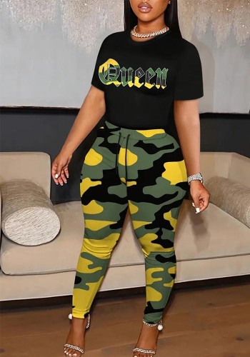 Women Sexy Fashion Camouflage Print Round Neck Short Sleeve Two-Piece Pants Set