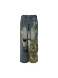 Women Trendy Camouflage Patchwork Ripped Printed Denim Pants
